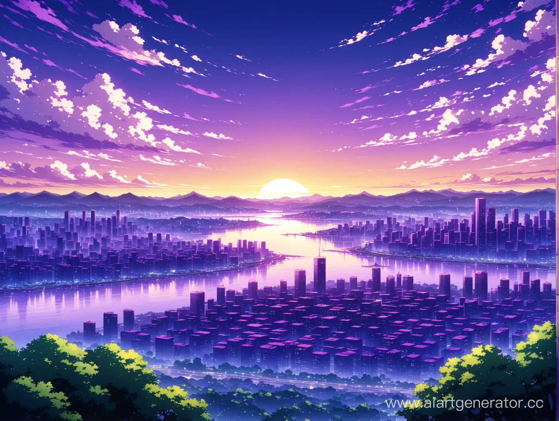 аниме пейзаж в фиолетовых оттенках, в дали город