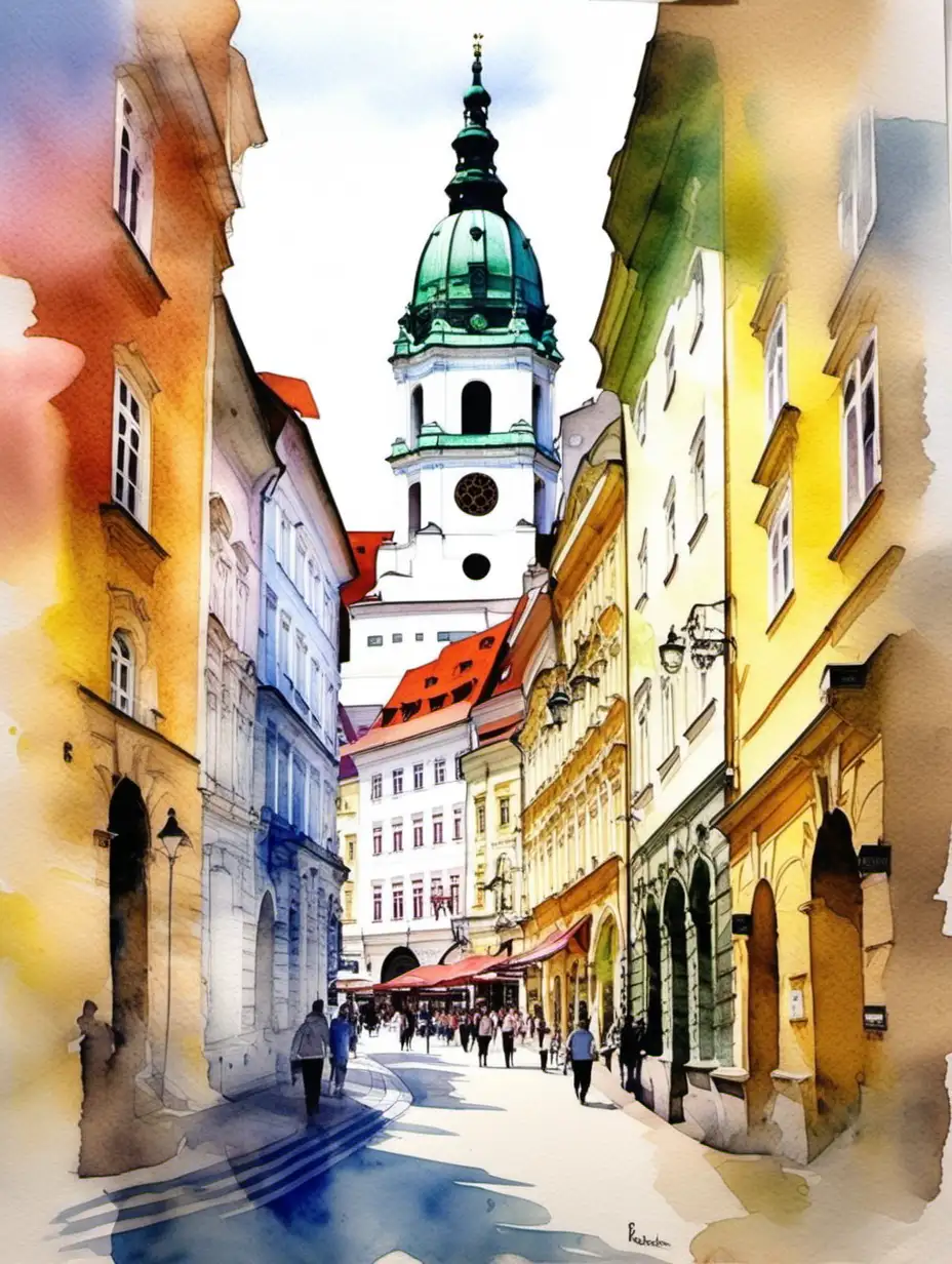 Scenic Watercolor Landscape of Bratislava Slovakia