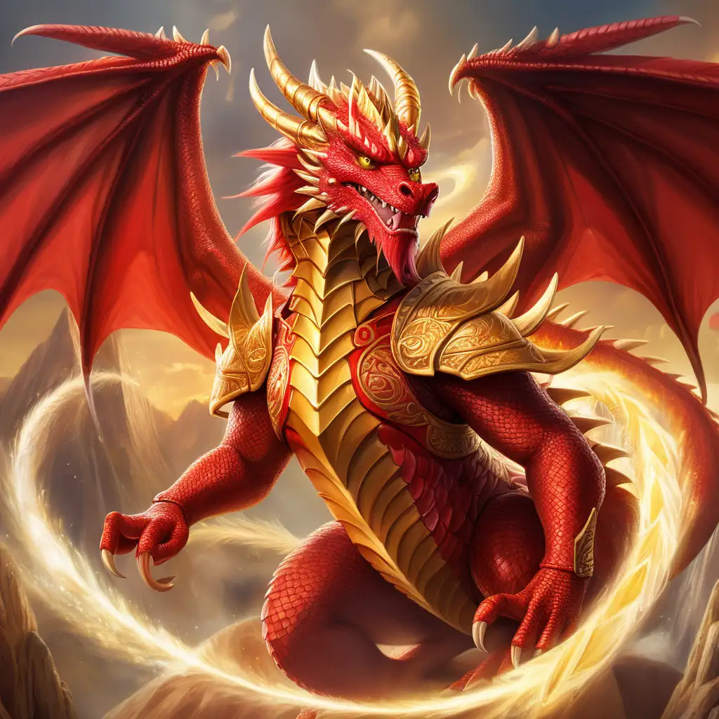 Red dragon warrior with friendly face, closed mouth, surrounded by beautiful golden energy, it's wings are spread majestically

