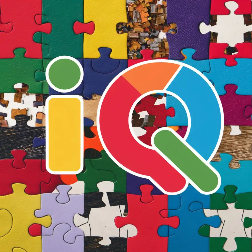 логотип из разных цветов на тему головоломок и пазлов, название IQ