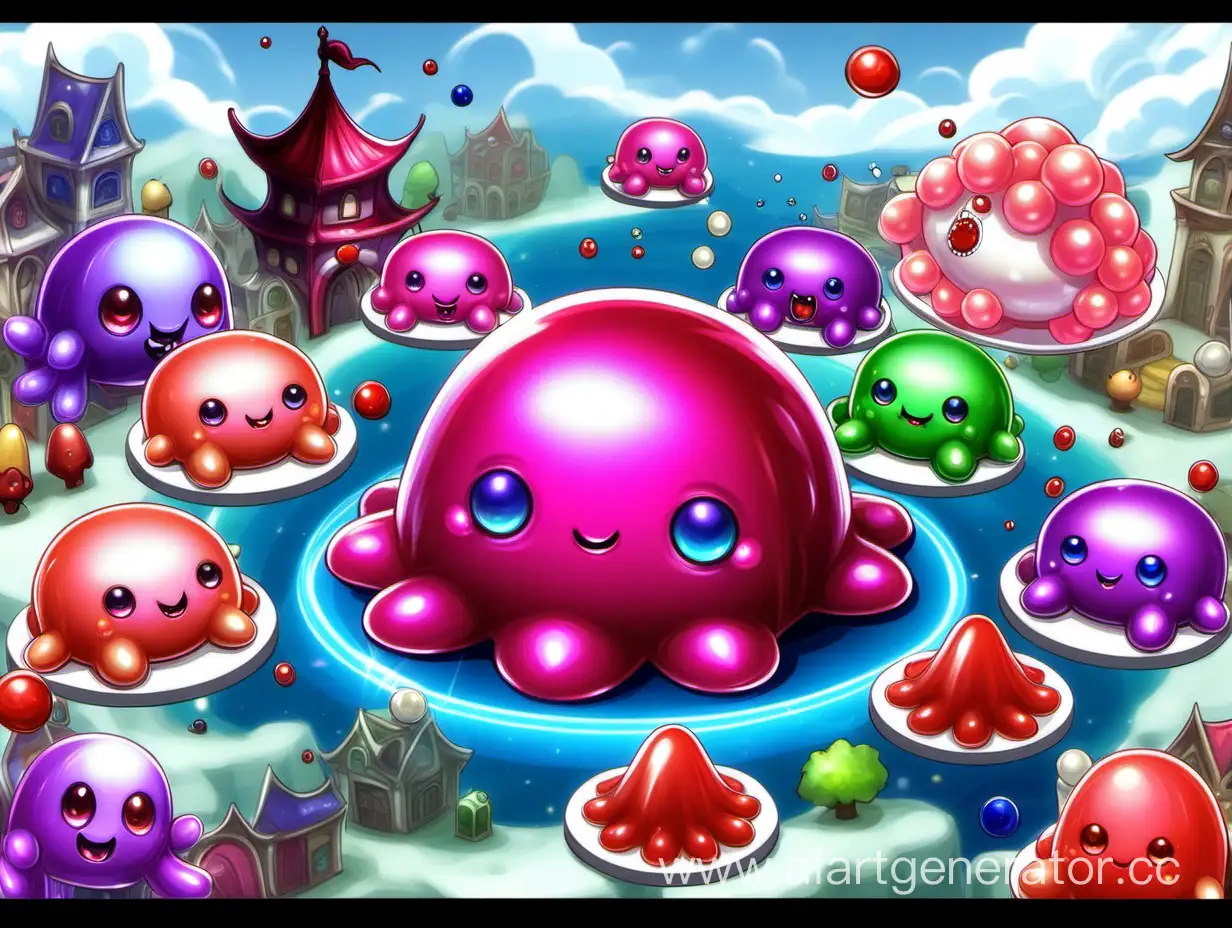 Create a "Jelly Dream World Online MMORPG game" about eatable the most delicious cutest pearl sweet jelly candy monsters war inspired from RF Online MMORPG game.