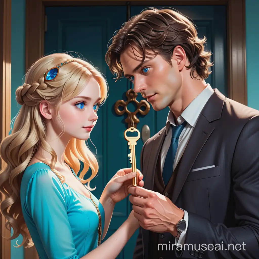 Tall Man with Wavy Brown Hair Handing Giant Key to Short Blonde Woman with Big Blue Eyes
