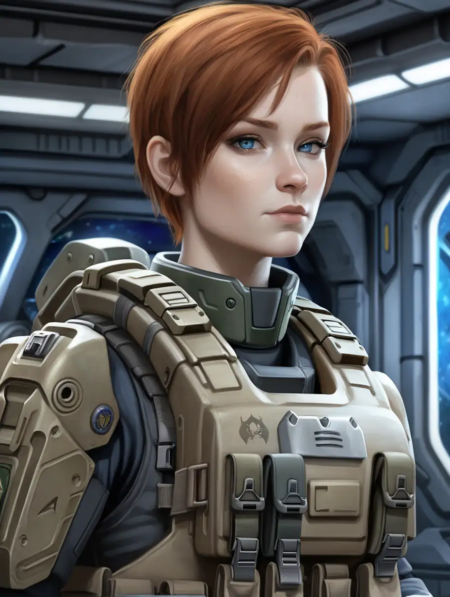 Setting is Halo. Norwegian Halo Marine woman. She has auburn hair. She has an extremely short tomboy hairstyle. She has black eyeshadow and lipstick. She has pale skin. She is wearing UNSC marine armor from Halo. Her armor is drab brown colored. Her chest plate carrier has a lot of pouches and grenades. Her uniform fatigues are matte black colored. She has Nordic blue colored eyes. Background scene is war room of a space ship.