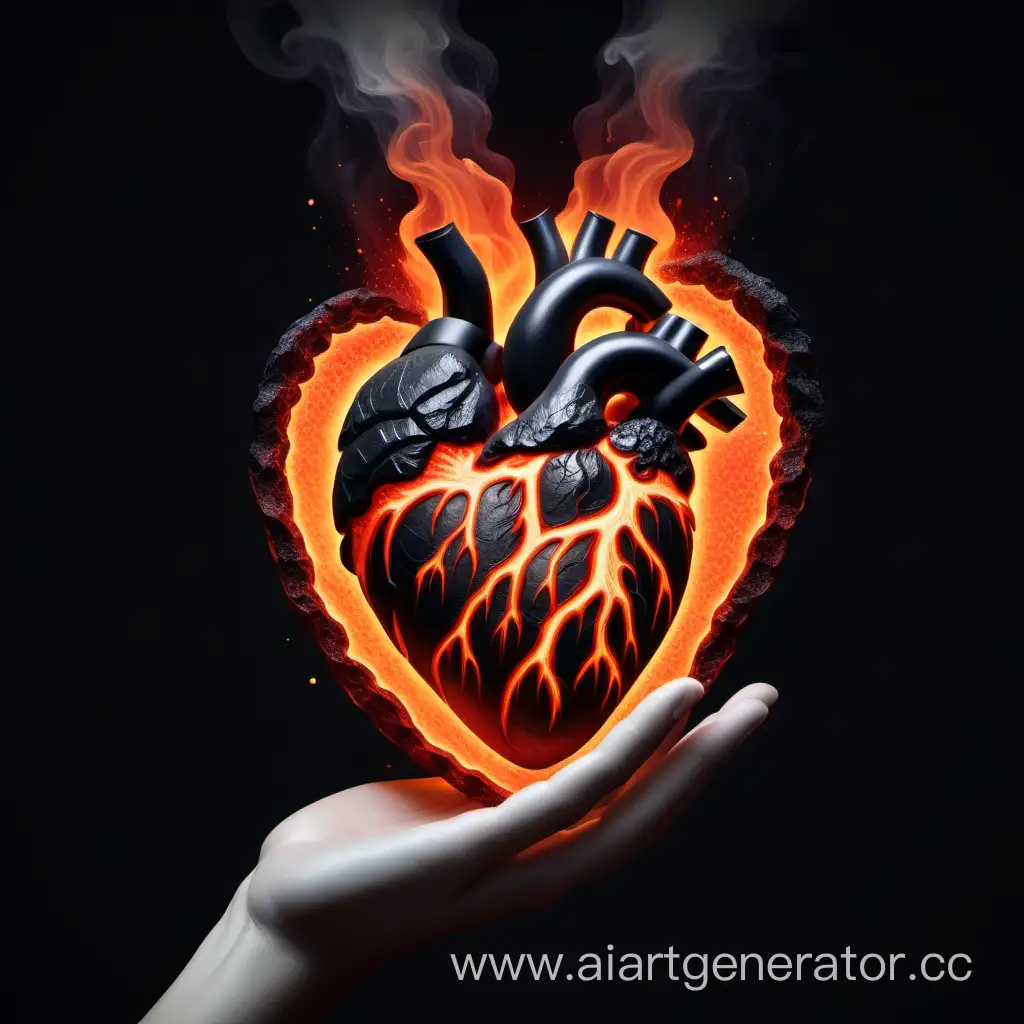 A heart in the hand with magma flowing through it