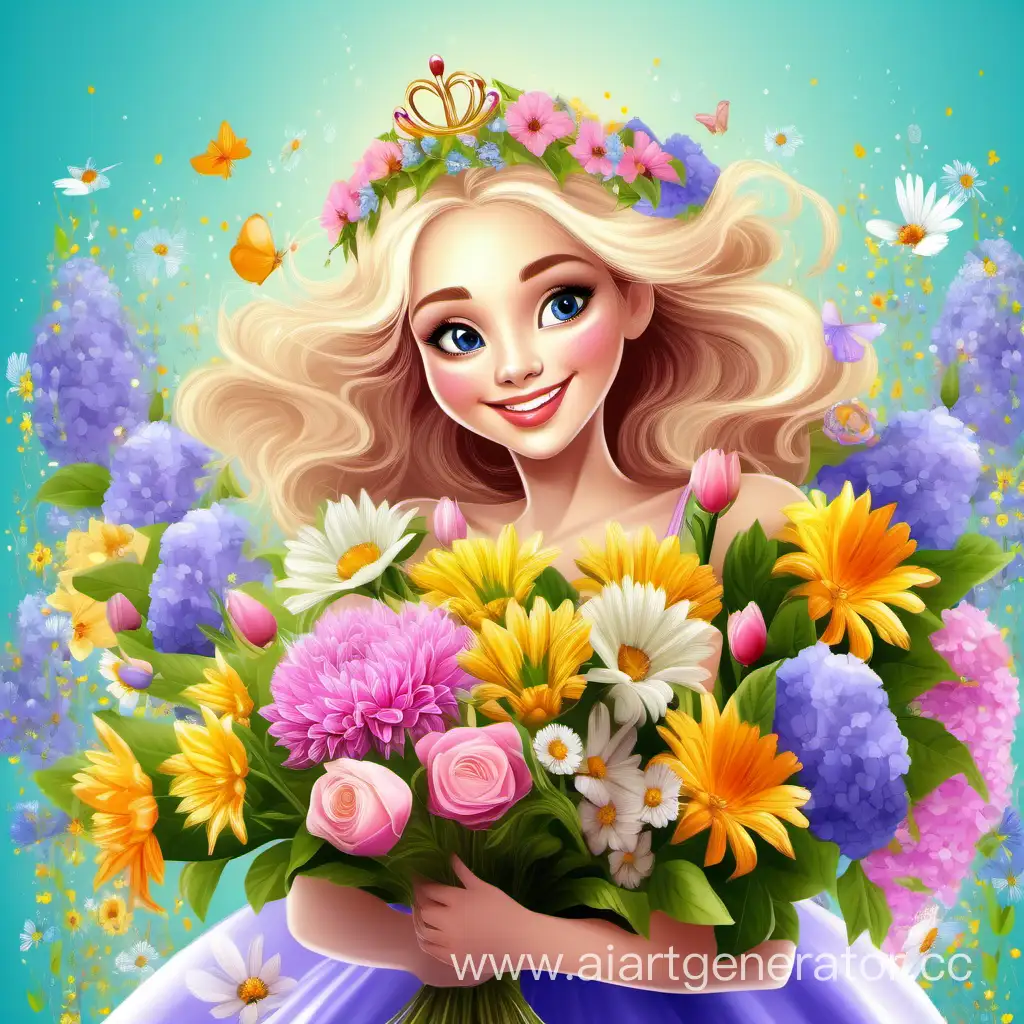 Радостная принцесса, огромный букет весенних цветов, яркий фон