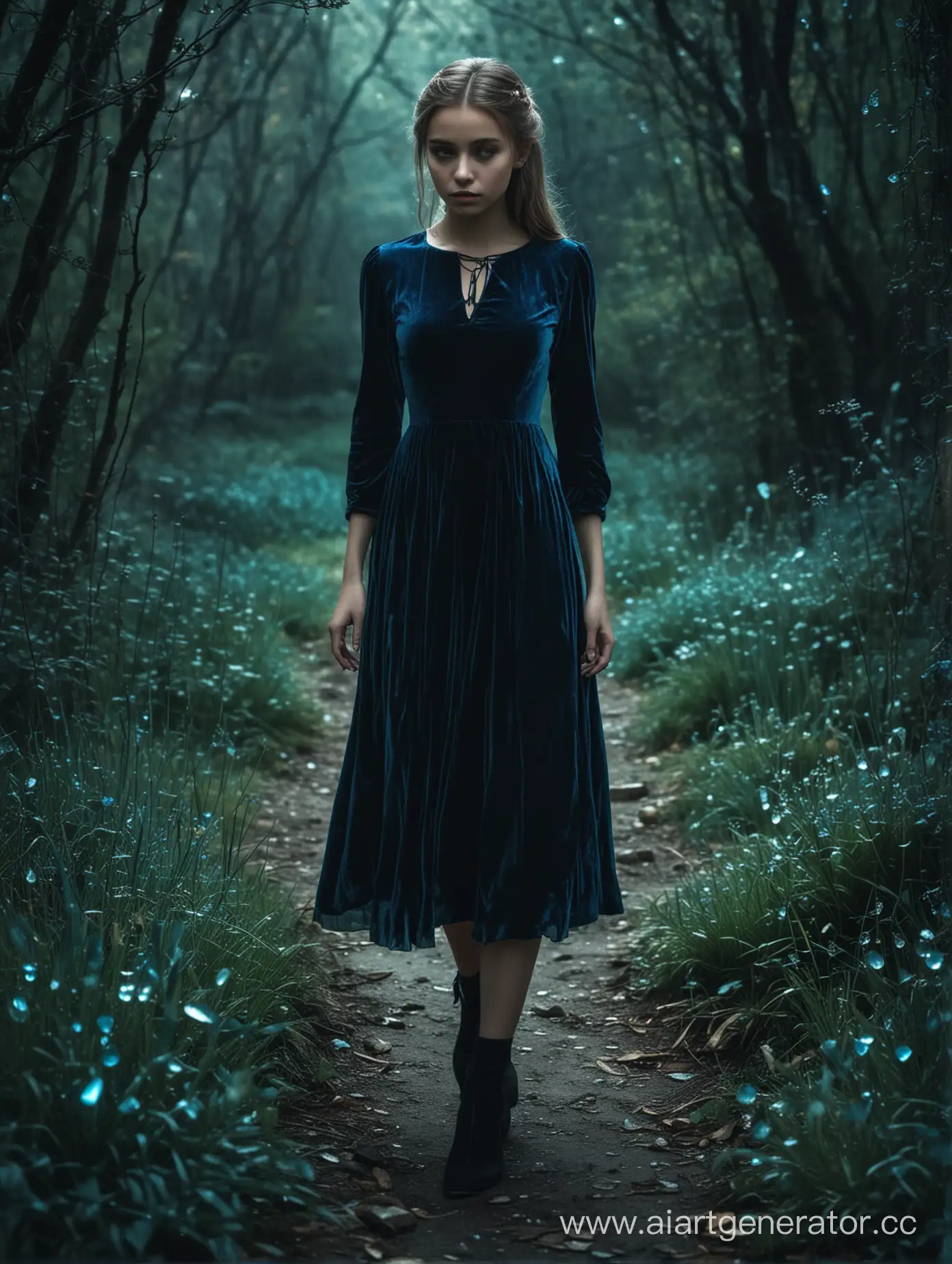 Девушка в темно синем бархатном одеянии, загадочная. Рядом кристаллы. Окружение темные тона, синие, бирюзовые, зелёные тона. Что то загадочное мистическое
