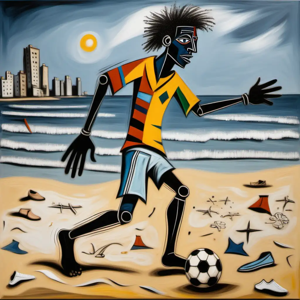 Colorful Footballer Playing Barefoot on Beach Picasso and Basquiat Style Fusion
