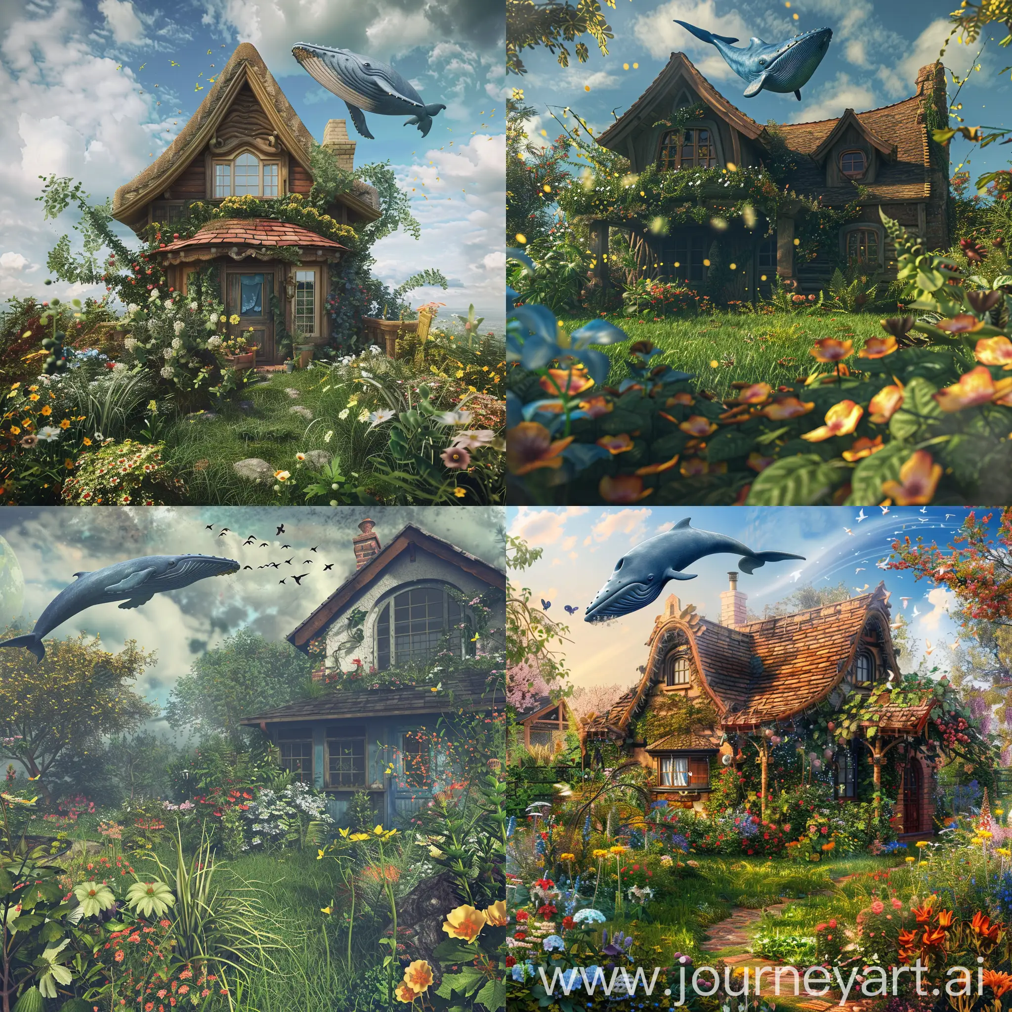 Whimsical-Cottage-with-Flying-Blue-Whale-amidst-Lush-Flora