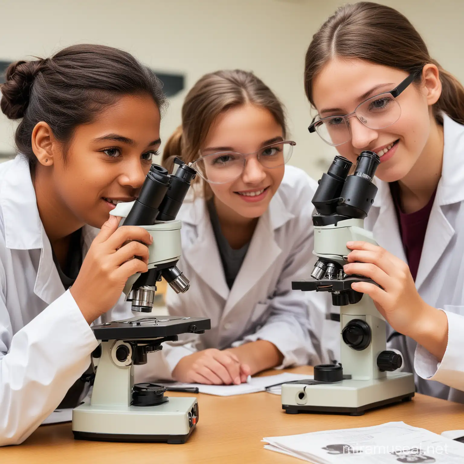 Students in science lab with microscope