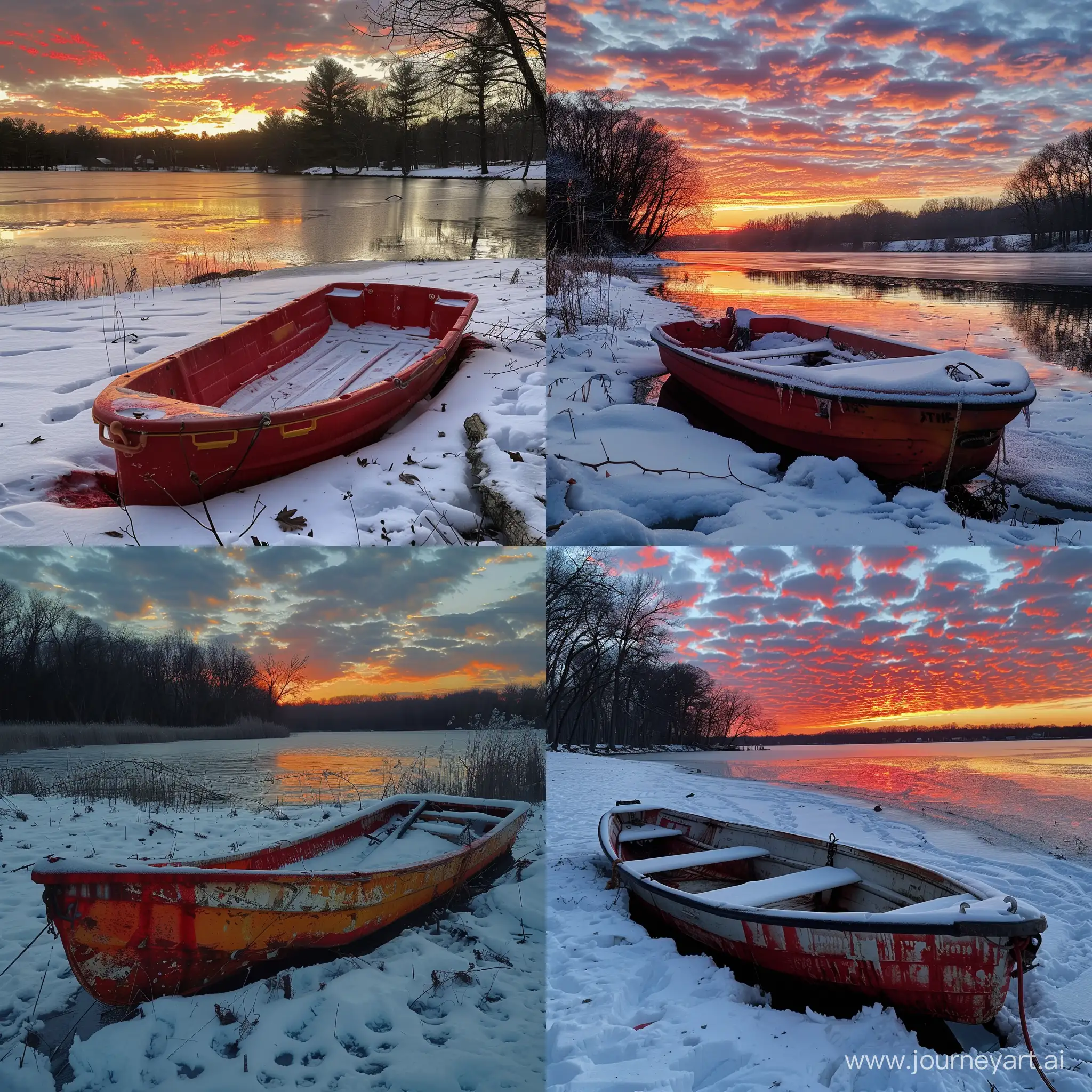 Serene-Snowy-Lake-Sunset-with-a-BloodRed-Sky-featuring-a-PVC-Boat
