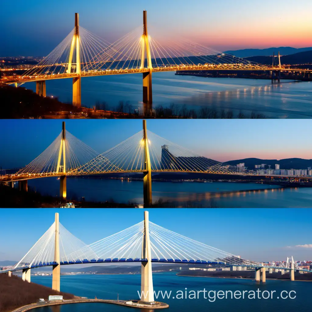 Фото моста Золотой Рог из Владивостока разделенное на три вертикальные части, где в первой части изображена часть моста днем, во второй - часть моста вечером, в третьей - часть моста ночью