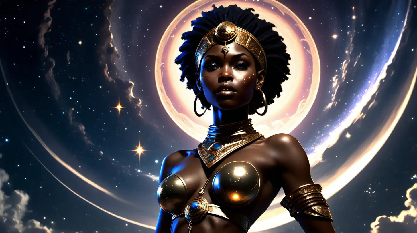 A cosmic disturbance, stars dimming, Seraphina a sexy young African warrior looking skyward, resolve in her eyes.