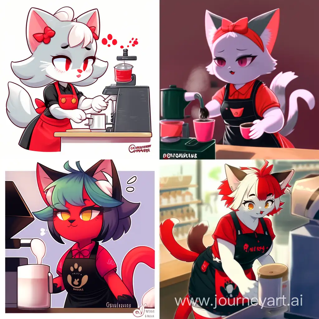 Самый милый котик бариста готовит кофе в черном фартуке и красной футболке