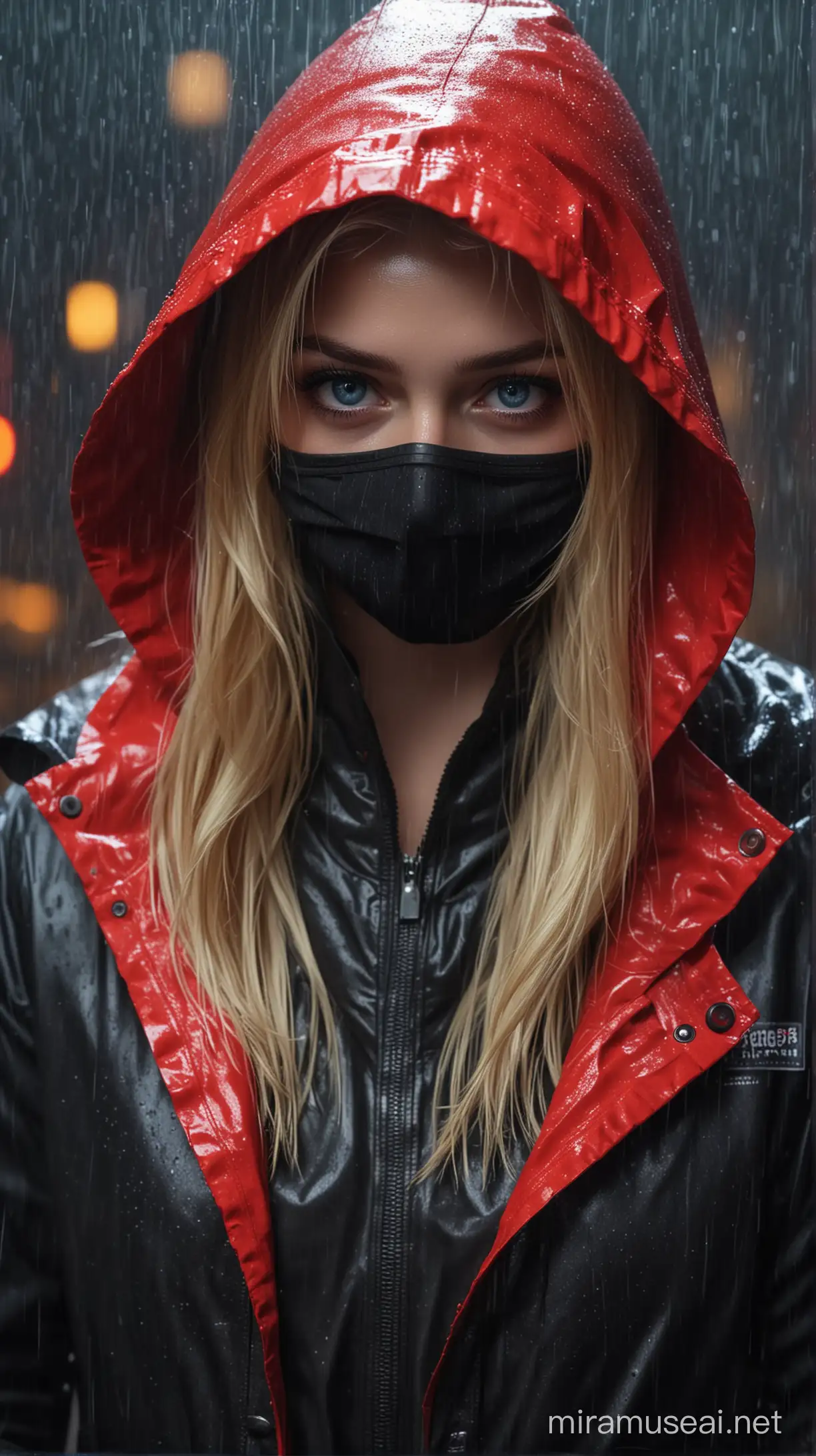 A girl with blonde hair and blue eyes, wearing a black and red jacket and a protective mask. They are standing in the rain and have a hood on. The background is dark and there are red lights in the corners.oil element ,neon ambience technic