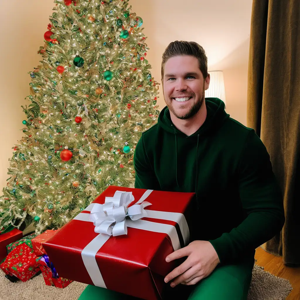 Zach Bryan inside a gift by a Christmas Tree