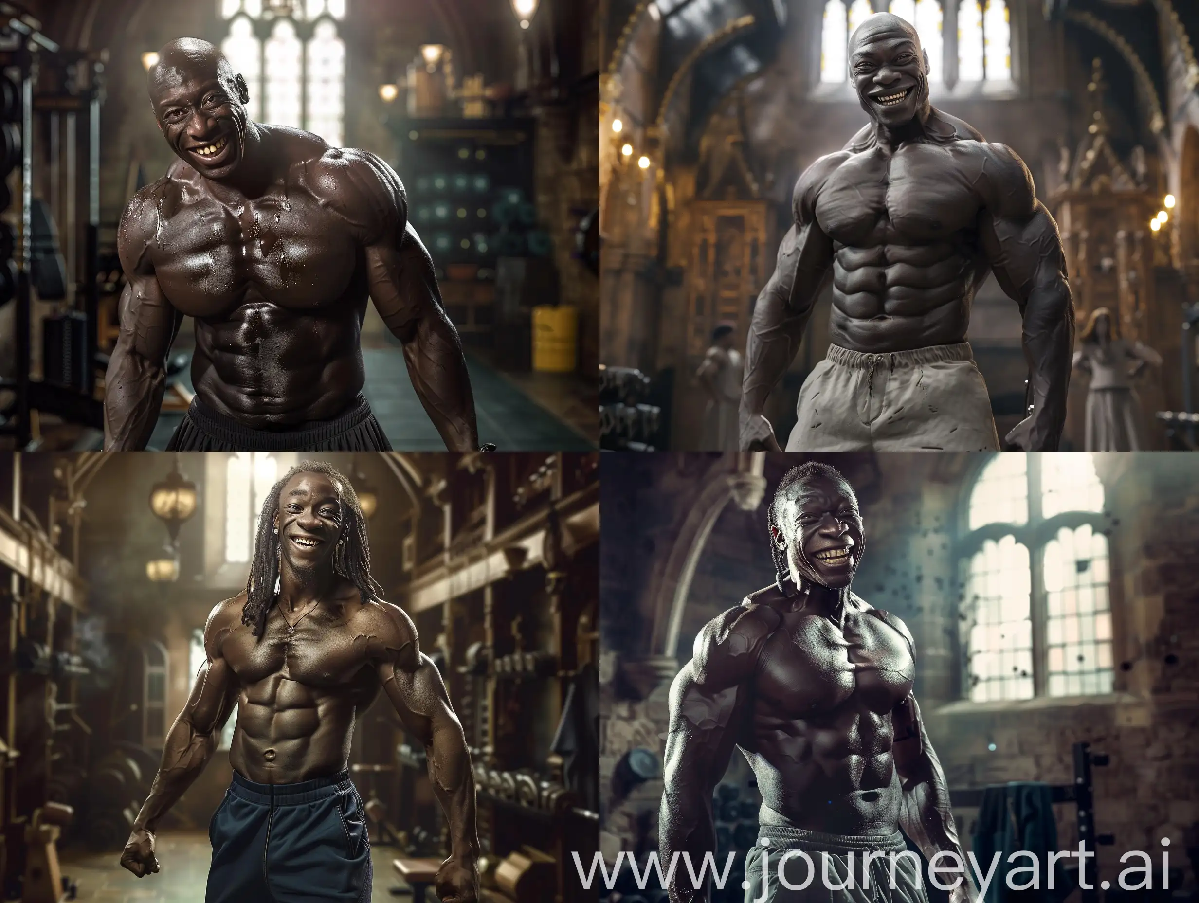 Sirius Black character from Harry Potter, with muscular body, in sportswear, exercising, while grinning, torso, looking at camera, wizards gym background, realistic, cinematic lighting, q2
