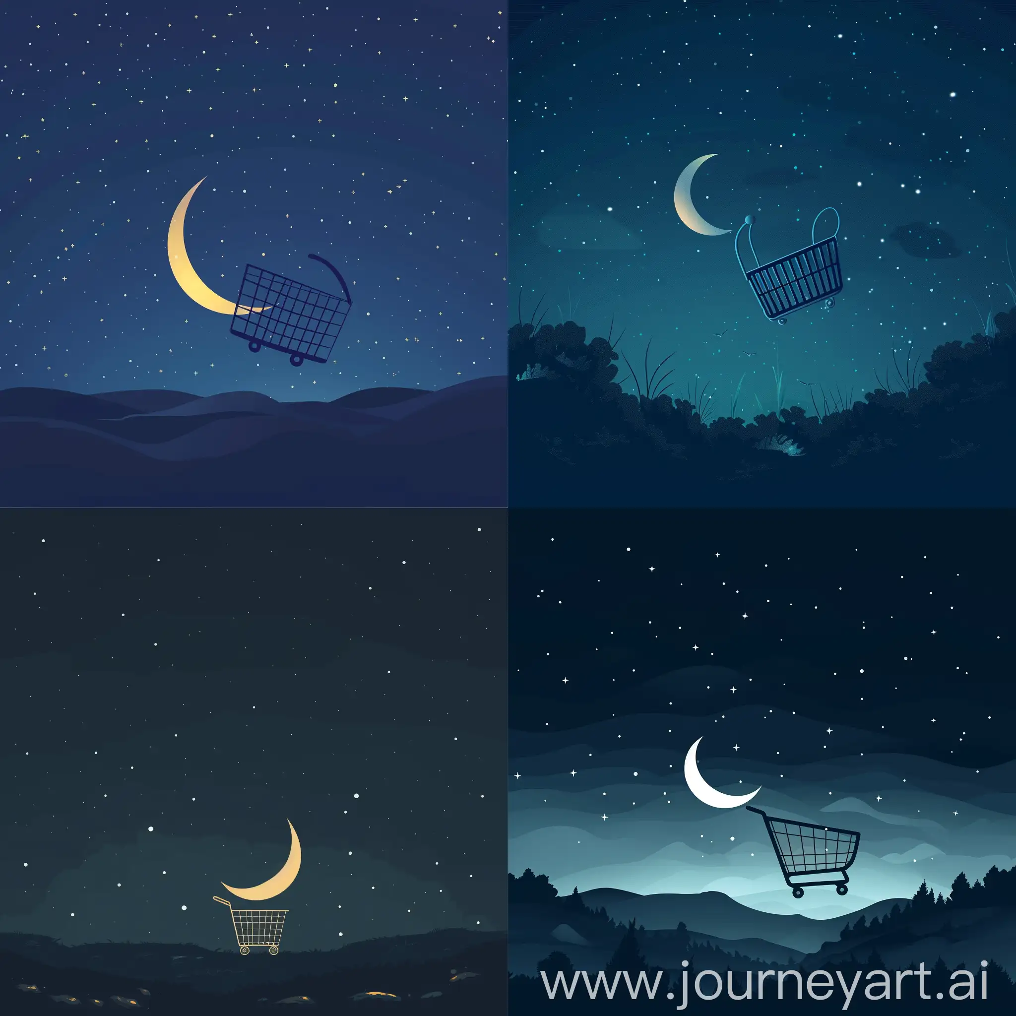 Crescent-Moon-and-Shopping-Basket-in-Night-Sky-Vector-Art
