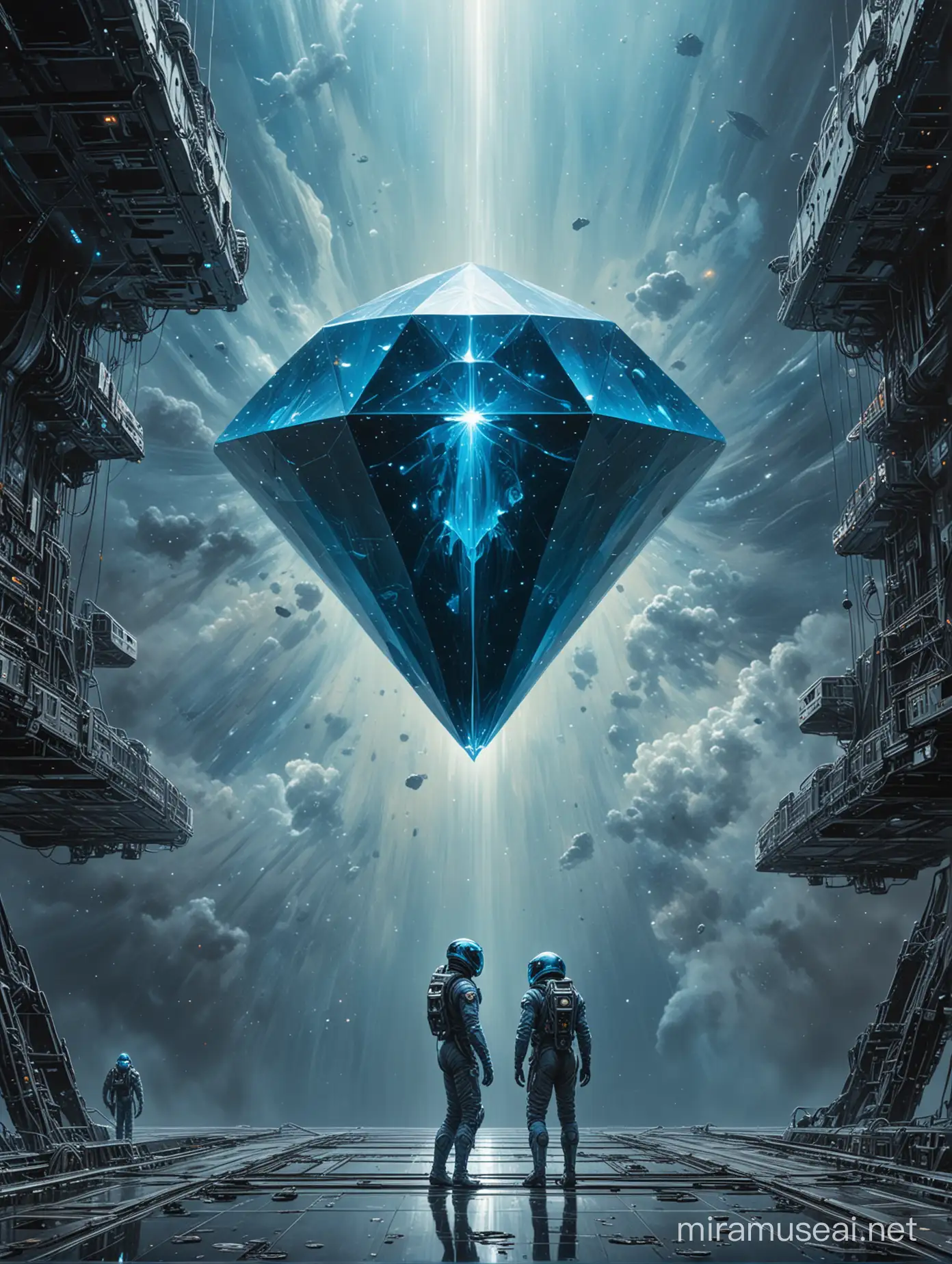 Highly detailed painting, a giant pure blue diamond hovers suspended in midair over the steel deck of a futuristic space cruiser, spacesuited figures stand on the deck looking at it in awe, sky is empty black space, use muted colors only, high quality
