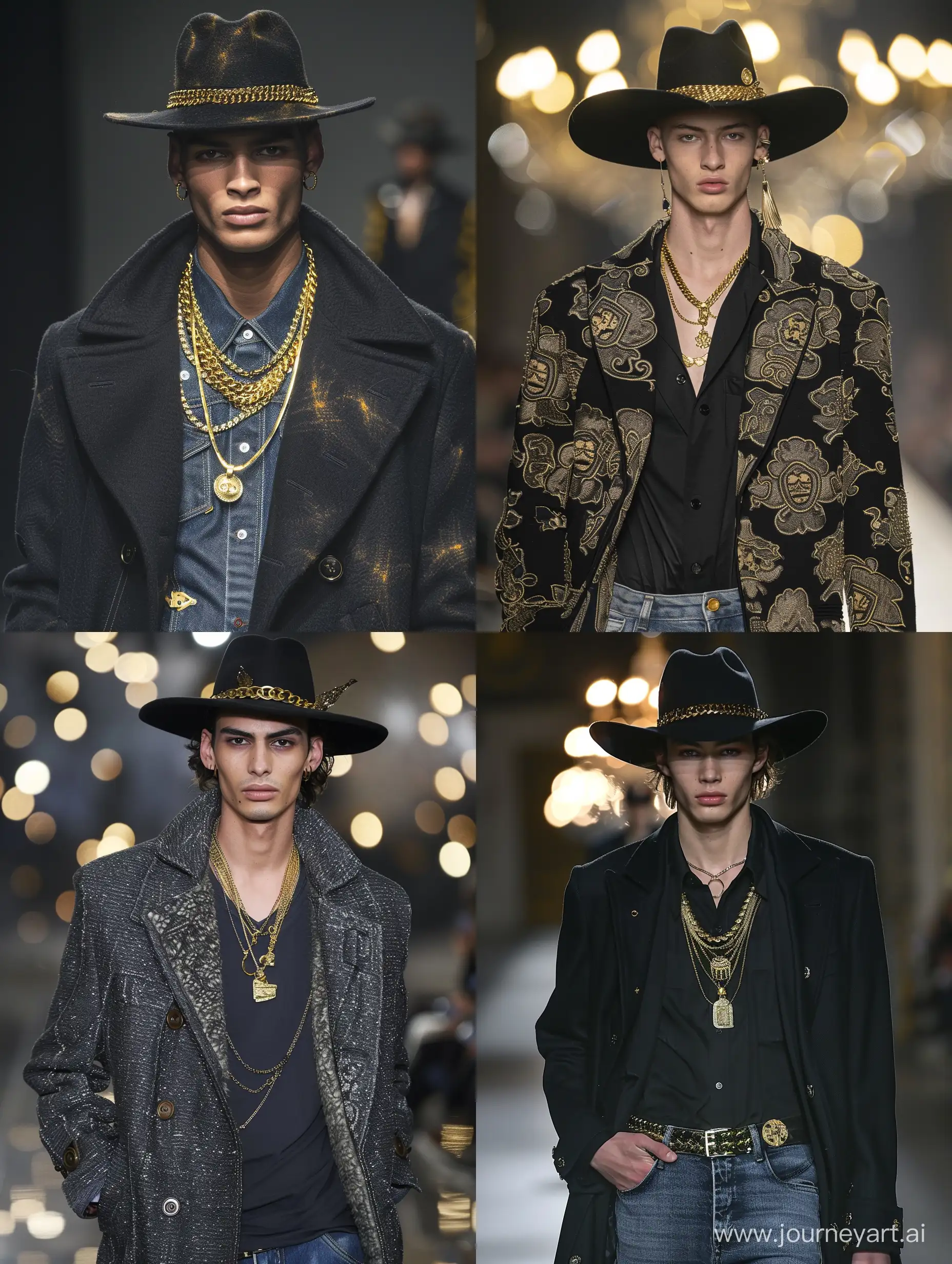 Fashionable-Male-Model-in-Slim-Fit-Runway-Attire-with-Gold-Jewelry-and-Hats