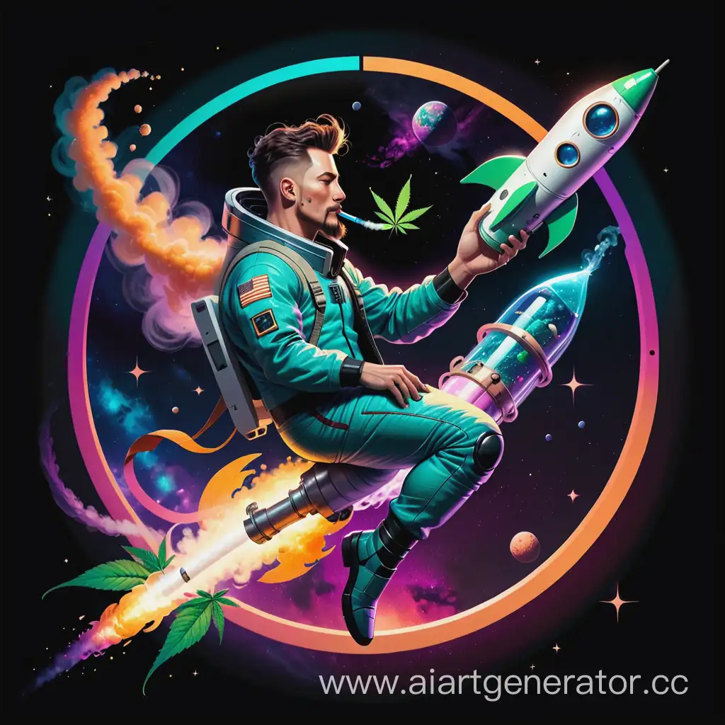 логотип, человек летящий в космос на ракете, в стиле киберпанк, человек летит на ракете и курит марихуану с бонга