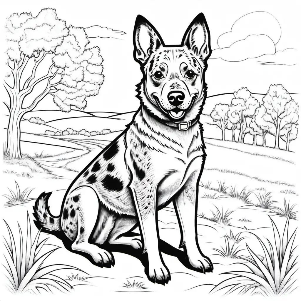 Australian Cattle Dog Coloring Page Bold Outline Cartoon for Children