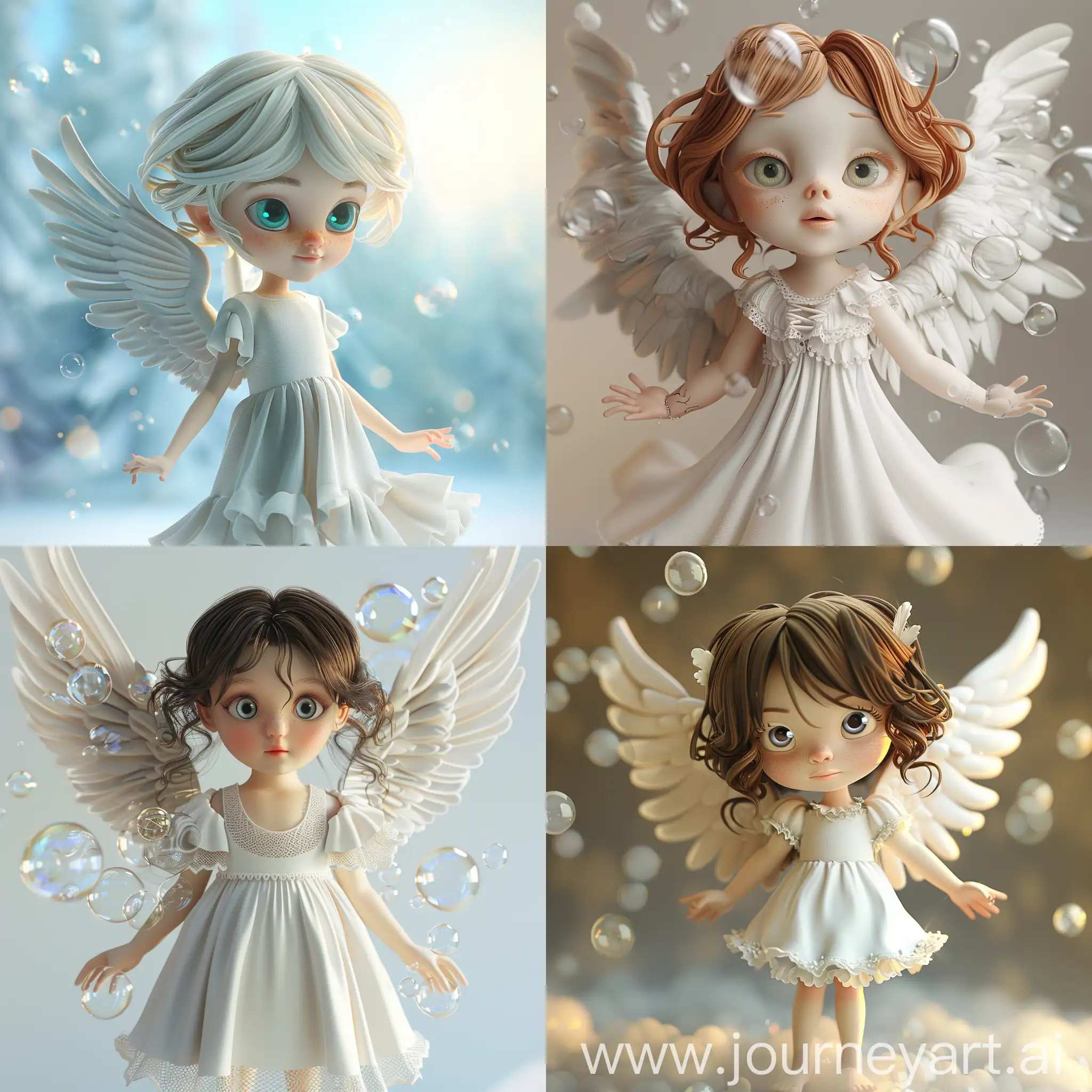 天使女孩，明亮的眼睛，小白裙子，泡泡玛特风格，3D，干净背景