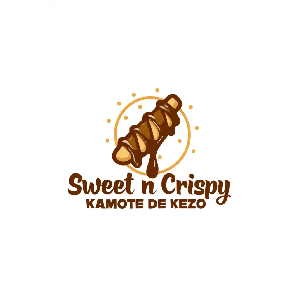 a logo design,with the text "Sweet N Crispy Kamote De Kezo", main symbol:Dough Cheese Sticks with Dip of Chocolate Sauce,Moderate,be used in Restaurant industry,clear background