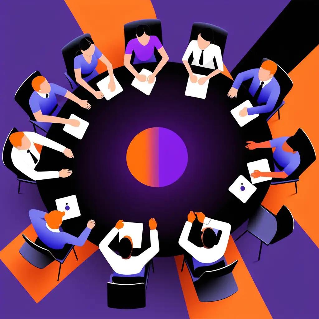 Dynamic Teams Meeting Art Vibrant Collaboration in Purple Orange and Black