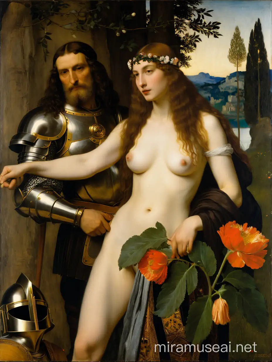 Intergenerational Encounter Young Woman and Old Man in Armor Amidst Florals