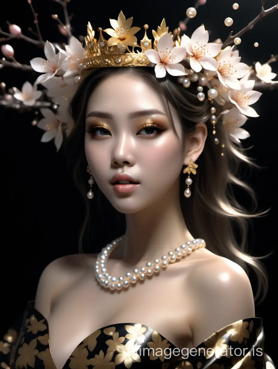 beautiful girl, surrounded by a black background and golden lush sakura, pearls, crowns, diamonds, realistic, clear, soft lighting, smooth color transition, elegant, high detail, 32k, fantasy botanical, realistic