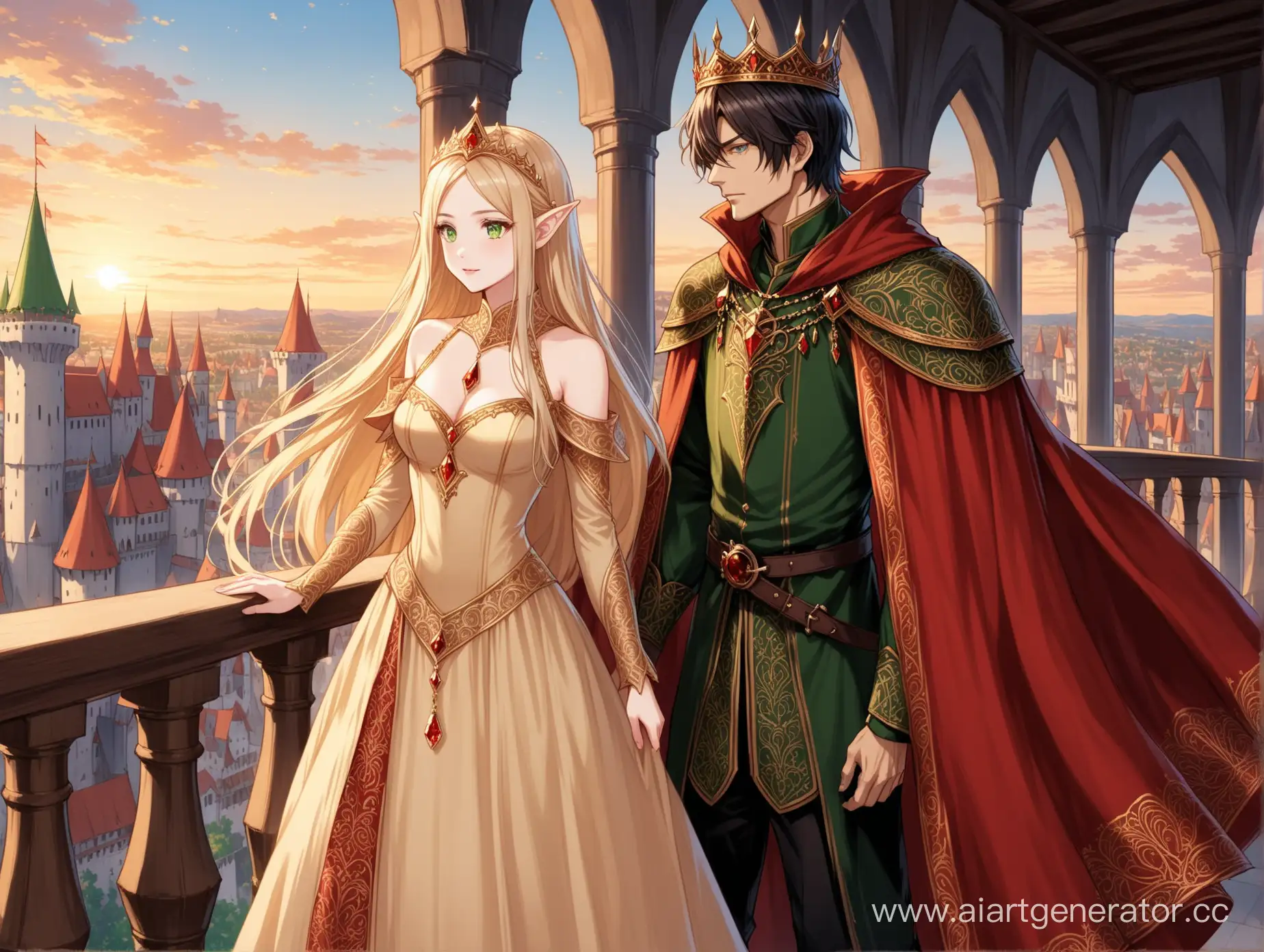 Medieval-Demon-King-and-Elven-Queen-on-Balcony-Overlooking-Evening-City