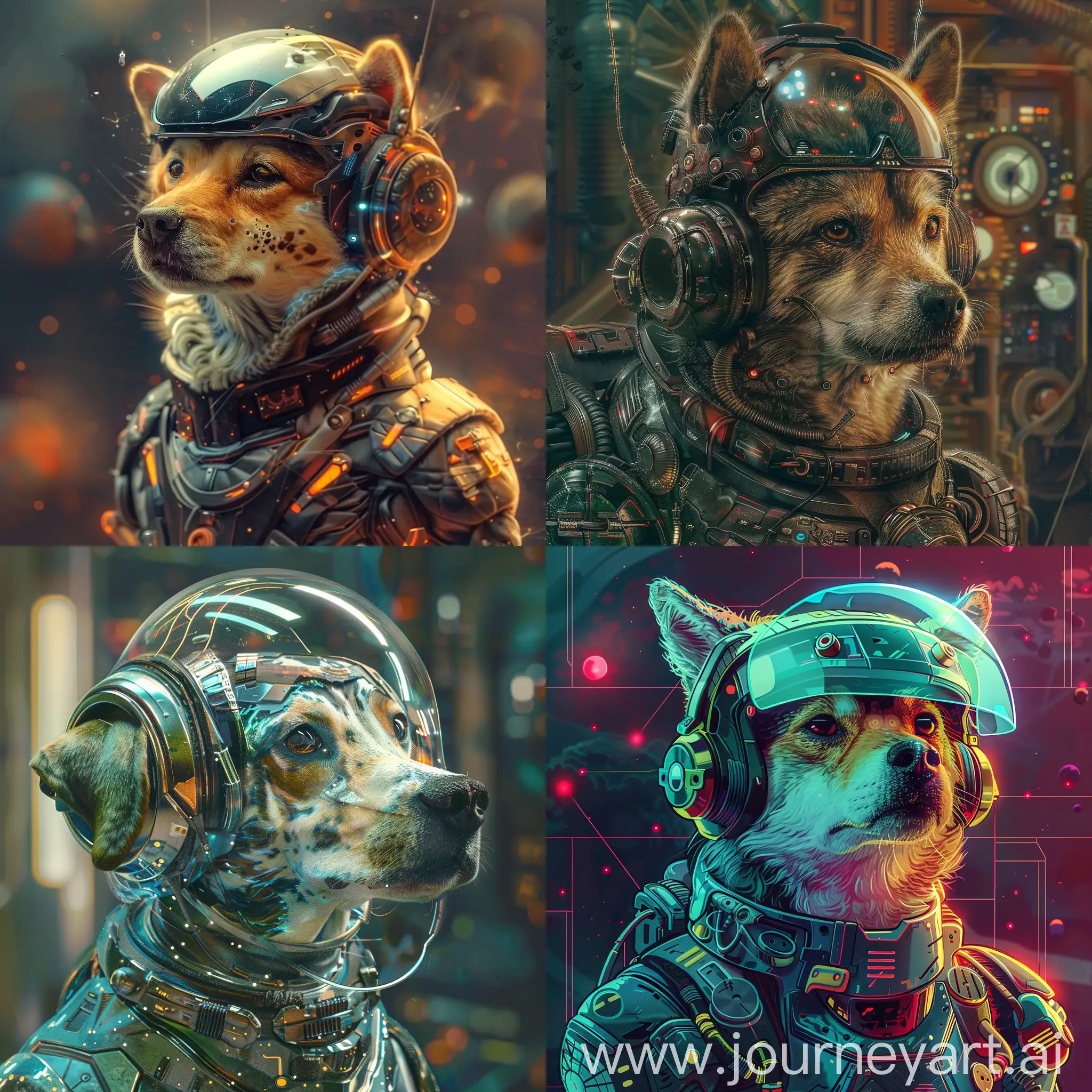 Futuristic galactic dog with galactic armor and helmet, moebius style image, art
