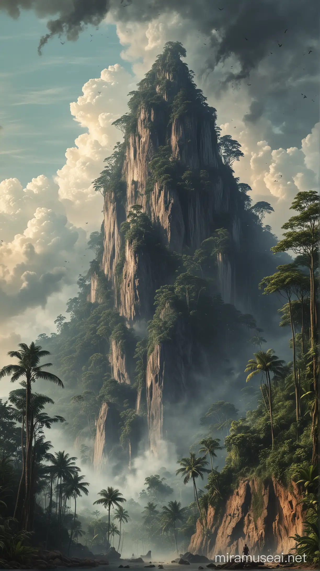 Ilustrasi Gunung Salak yang menjulang tinggi dengan nuansa mistis yang menakutkan.