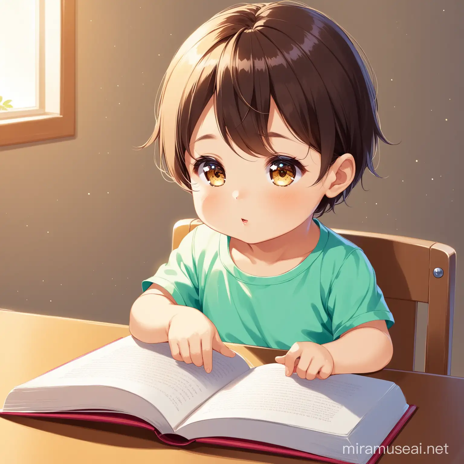 3 years old child reading a book at a table, the eyes are opened