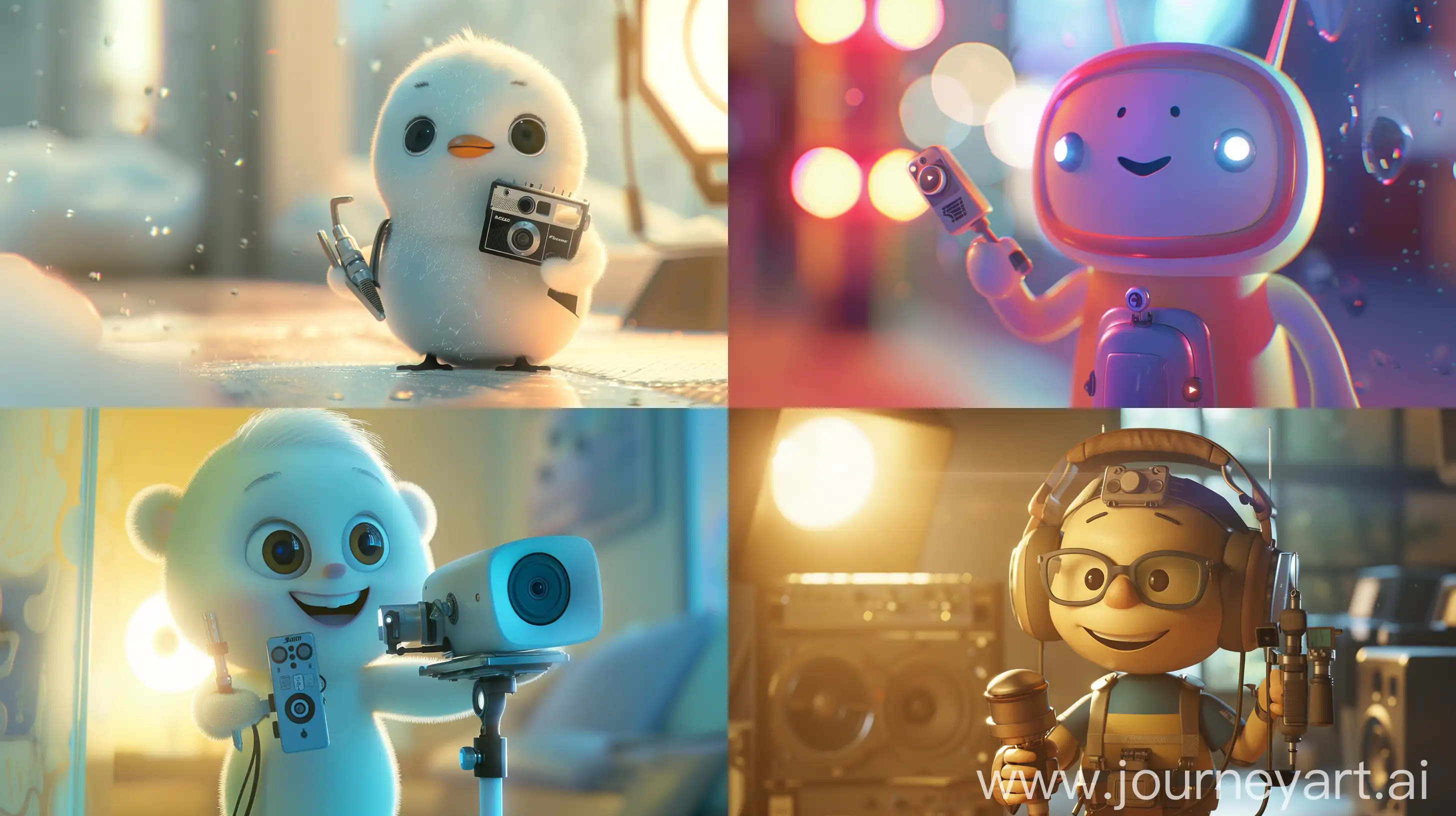 Adorable-Company-Mascot-Guarding-Safety-with-Audio-and-Video-Tools-in-Pixar-Style