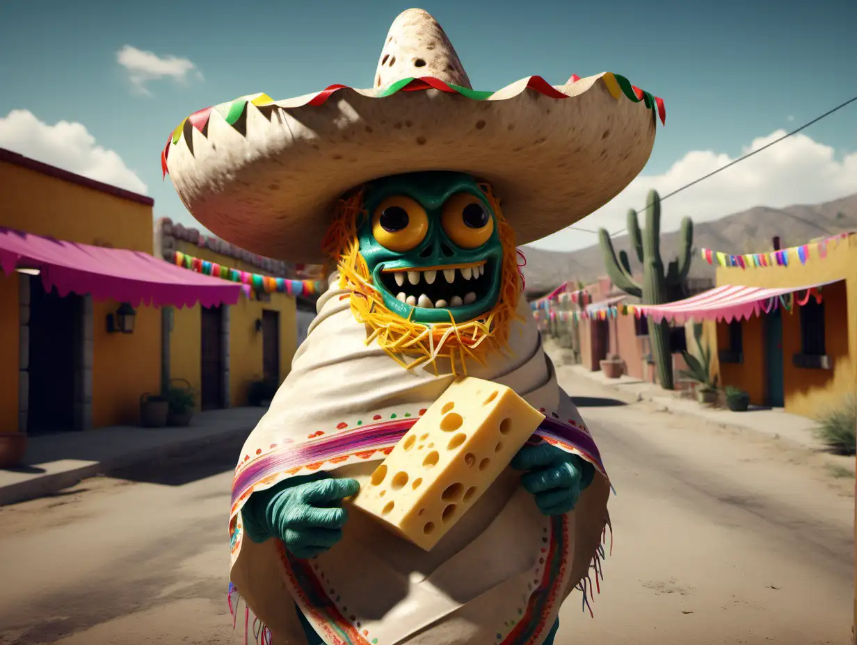 An old photo of a burrito monster wearing a sombrero, oozing cheese, standing in the middle of a rural Mexican village. fiesta, ribbons, highly detailed. realistic. 4K. highly defined graphics.