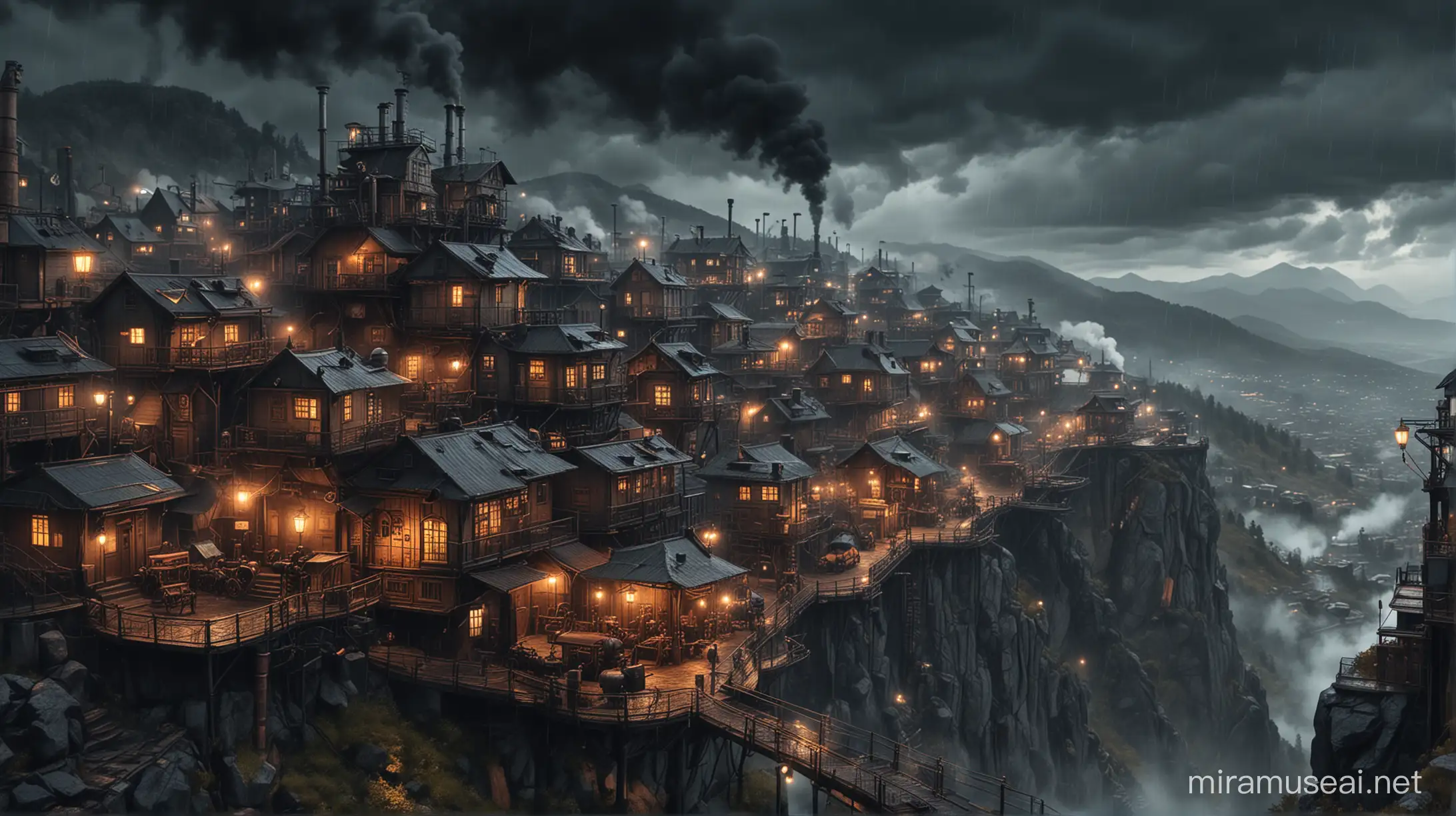 steampunk suburb on the top of a high mountain. windy, rainy and comletely dark. steam and smoke. many lights.