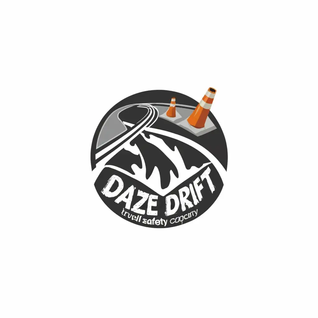 a logo design,with the text "Daze Drift", main symbol:Cracked Road: A depiction of a road with visible cracks or breaks, symbolizing the aftermath of accidents or the need for caution on the road.

Skid Marks: Tire skid marks can symbolize accidents or sudden stops on the road, highlighting the importance of safe driving practices.

Traffic Cone: A common sight at accident scenes or construction zones, traffic cones can represent road safety and the need for caution.

Broken Barrier: A symbol of accidents involving barriers or guardrails, emphasizing the potential dangers of road travel.

Ambulance: While more directly associated with emergency response, an ambulance can symbolize the aftermath of road accidents and the importance of timely assistance.

Road Sign: A generic road sign, perhaps bent or damaged, can represent unexpected events and the need for attention while driving.

Winding Road: Symbolizing the unpredictable nature of driving, a winding road can represent the twists and turns that can lead to accidents.,Moderate,be used in Travel industry,clear background