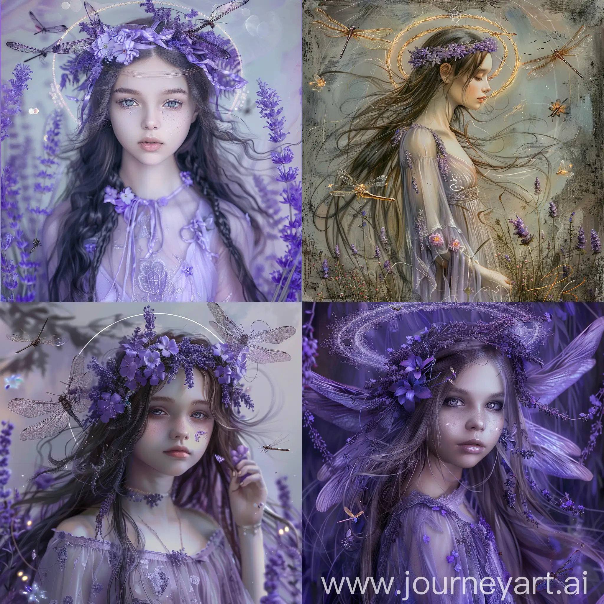 Ethereal-Saint-Girl-with-Halo-and-Lavender-Dress-Amidst-Dragonflies-and-Fireflies