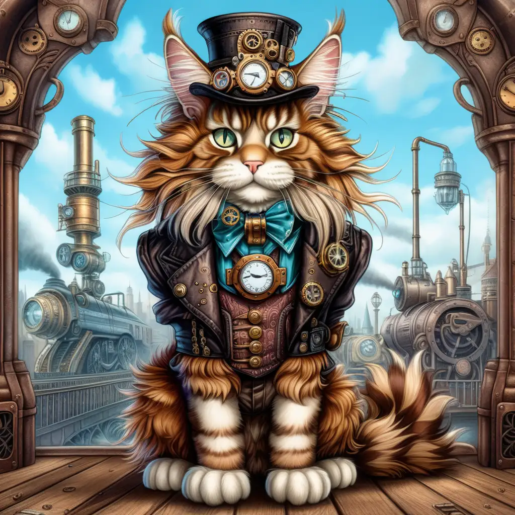 a dystopian Victorian full body head to toe image of a steampunk maine coon cat, in steampunk style,ultra hd, cartoon anime, vivid colors, highly detailed, perfect composition, beautiful detailed intricate insanely detailed perfect light