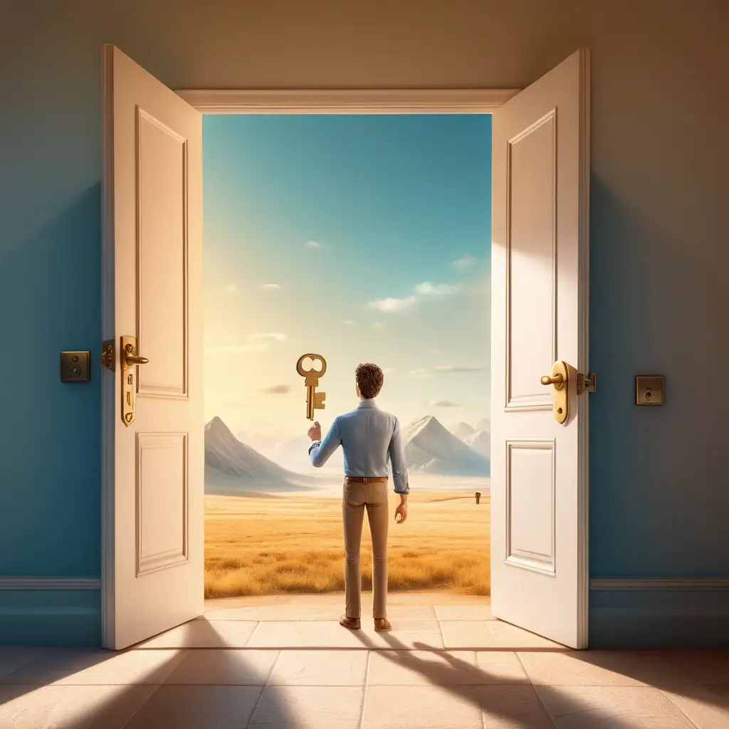Create a 3D illustrator of an animated scene of a man is standing in front of a closed door, holding a key in his hand, it swings open, revealing a path leading towards a brighter, expansive landscape. 
Beautiful and spirited background illustrations.