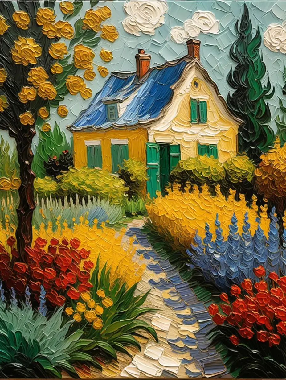 palette knife painting style, Van Gogh, vintage European garden, hyperfine details, depth of field, cottage core