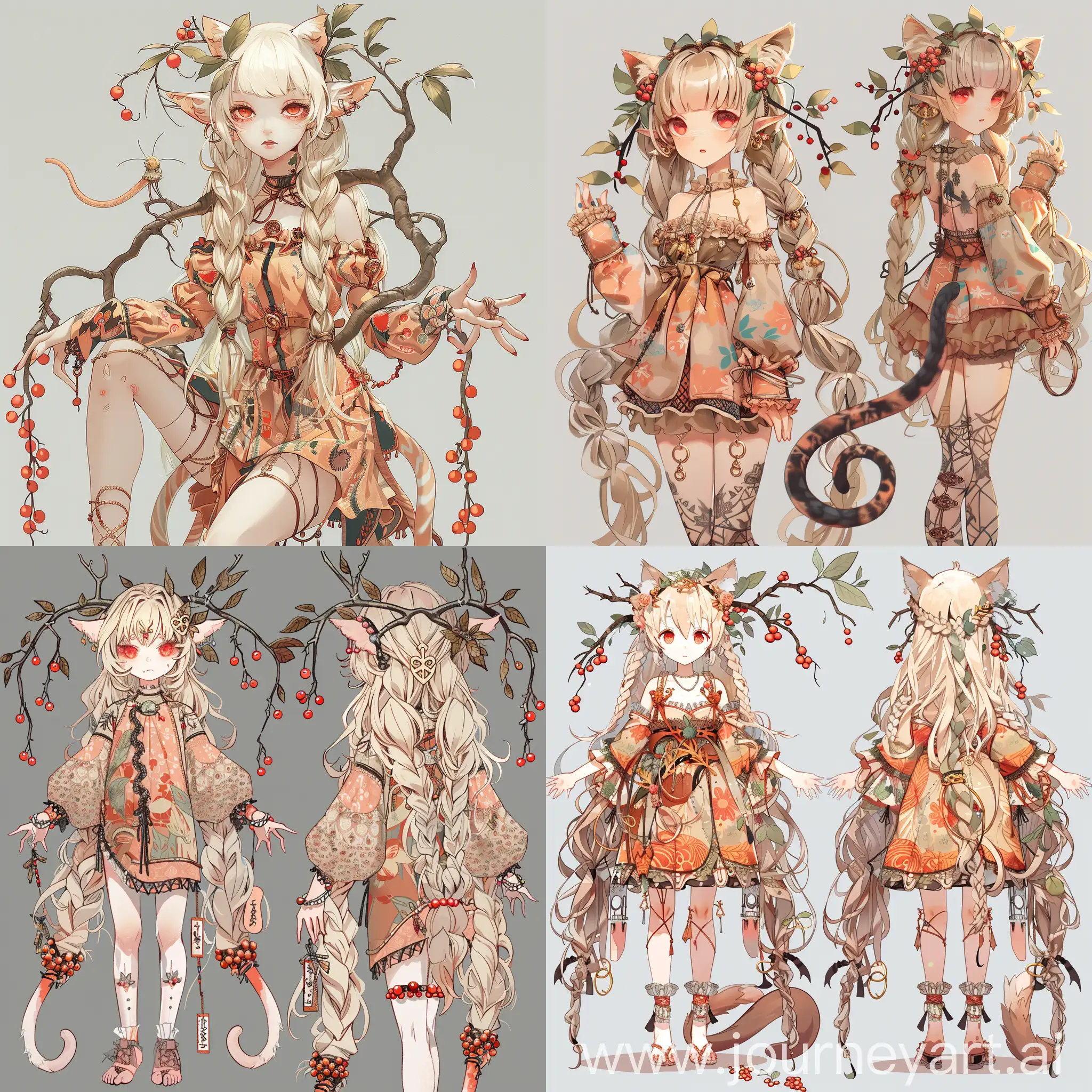 anime girl, long wavy blonde hair, thick braids, branches with leaves from the head, red eyes, albino, a lot of fabrics on clothes, peach patterns on clothes, rowan berries on the ears and hands, legs-paws, cat tail with rings, Multiple views