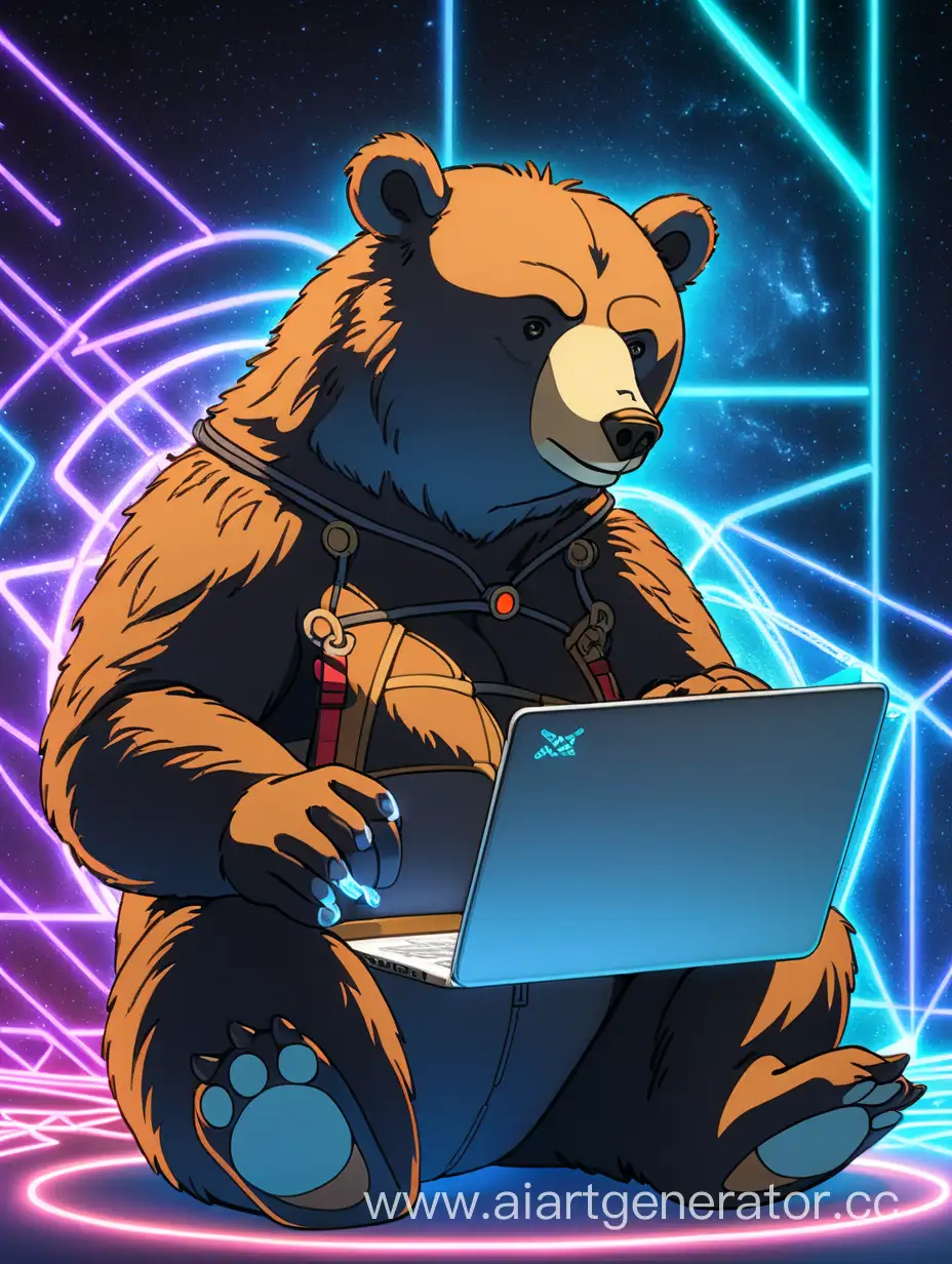 An anime programmer bear holds a laptop in his hands and sits on a star with a neon light in the anime style side view