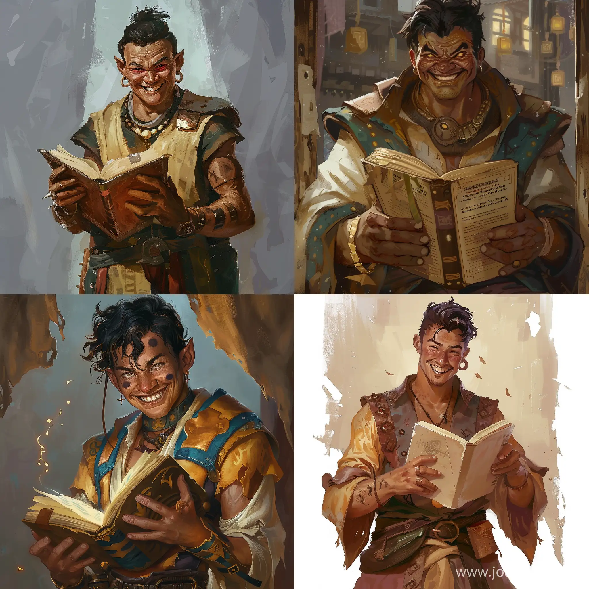Загорелый мужчина человек из азии со злой улыбкой и кругами под глазами, книгой в руках и одежде приключенца из фентезийного мира