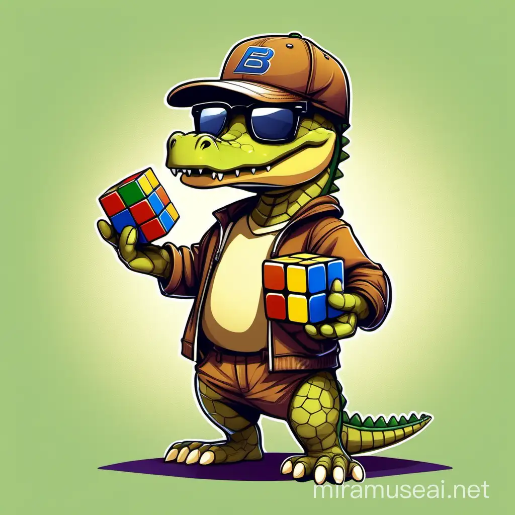 cute, adorable, cartoon-like aligator, wearing brown clothes, sunglasses and baseball cap, holding big rubik's cube, 