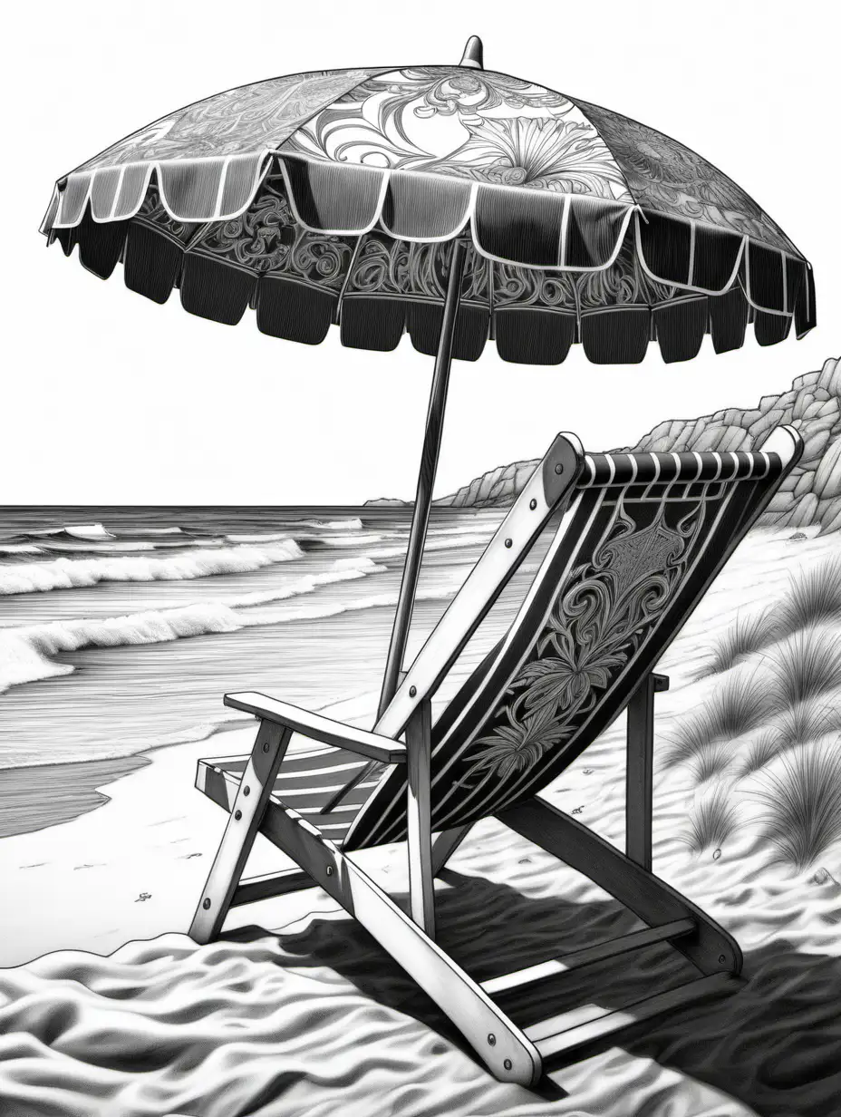 adult color book, black and white, intricate, fantasy, profile, beach umbrella and chairs, high detail,  no shading



