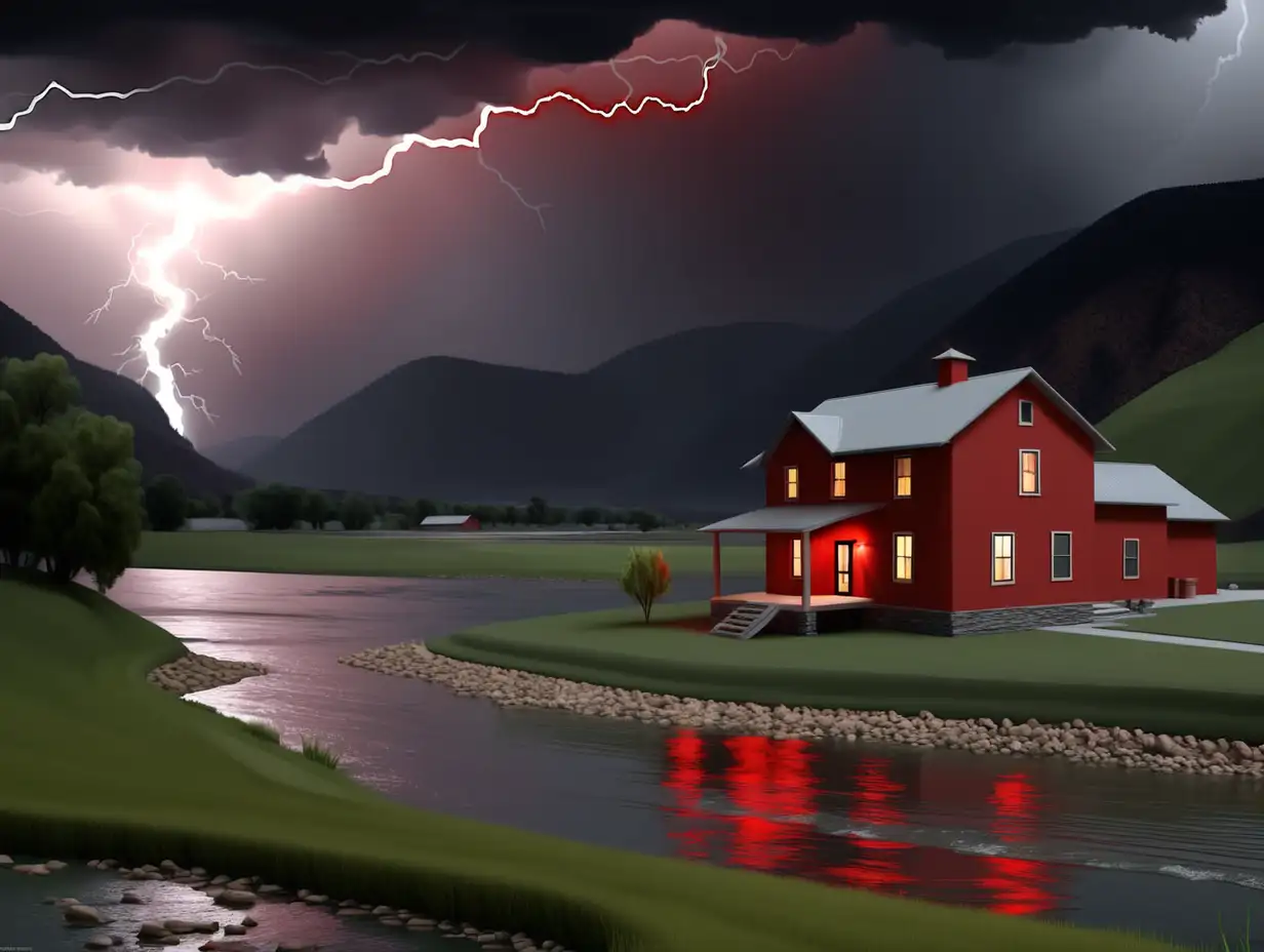 farm house, mountains, lightning, red, dark grey, river