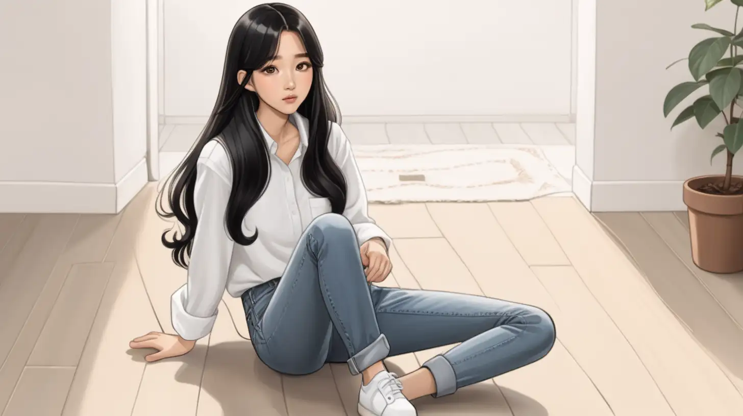 korean girl with long black hair and brown eyes, wearing white shirt and jeans, sitting on the floor, webtoon style, 