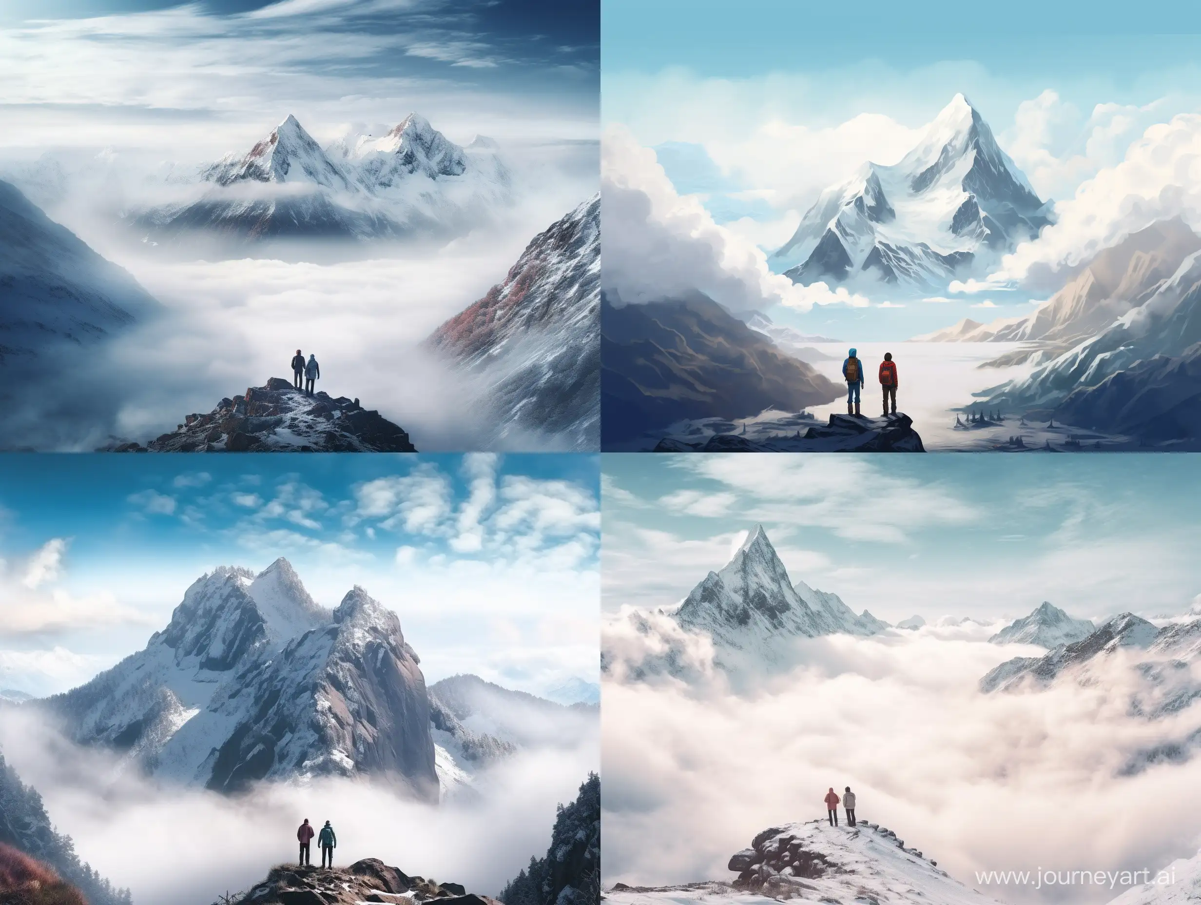 Fjords, snow, a valley, snowy forests, mountain peaks in the clouds, a little fog, two travellers standing in the distance and admiring the view